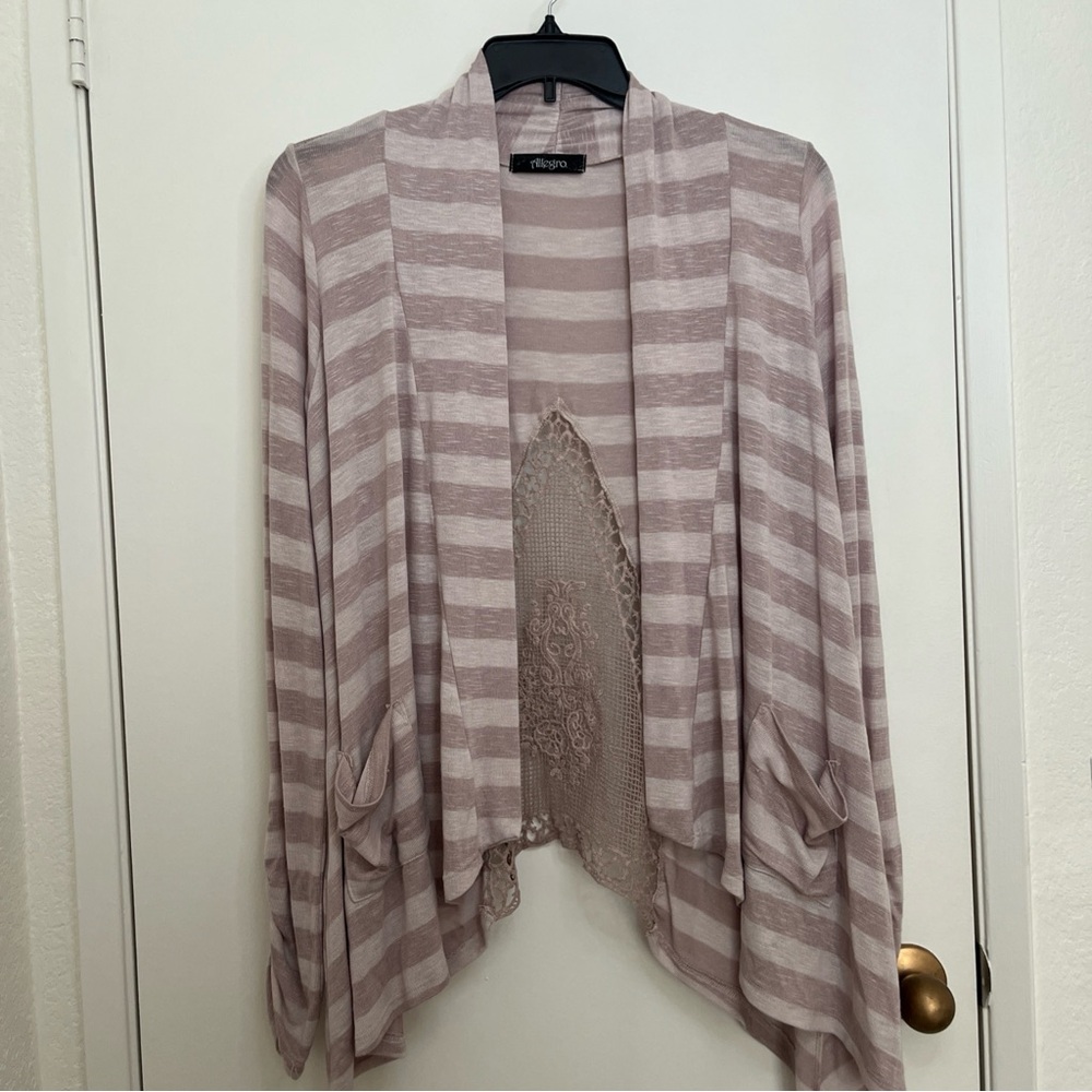 Allegro Lavender Striped Women's Cardigan Lace Pockets Soft